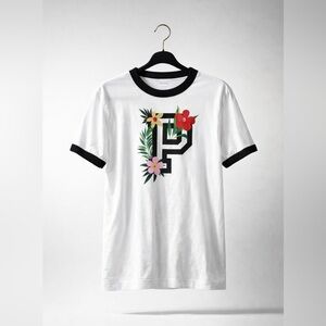 PINK Victoria's Secret White Ringer Tee with Black Trim & Floral 'P'